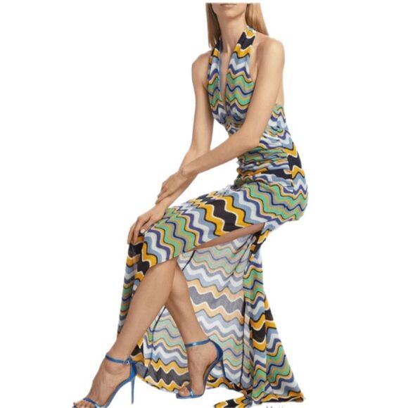 NWT Ramy Brook Alia Knit Halter Maxi Dress in multi colored zigzag pattern.Siz